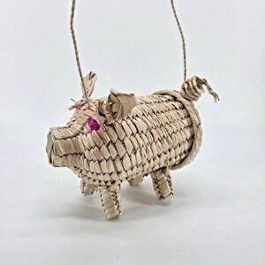 Hand Woven Straw Pig Bag Folk Art Wicker Basket Piggy Purse Boho Cottagecore 8"